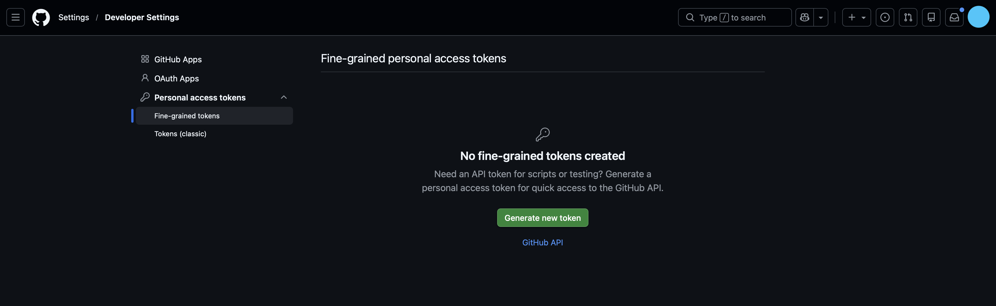 GitHub Personal Access Tokens page with the Fine-grained tokens tab selected.