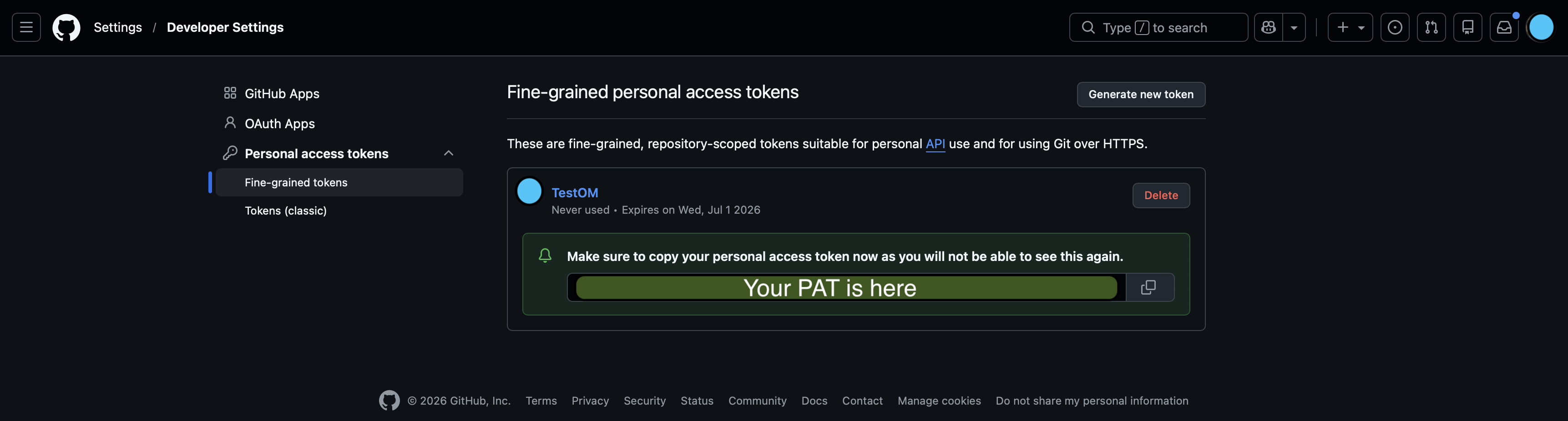 GitHub showing a newly generated personal access token with a copy button.