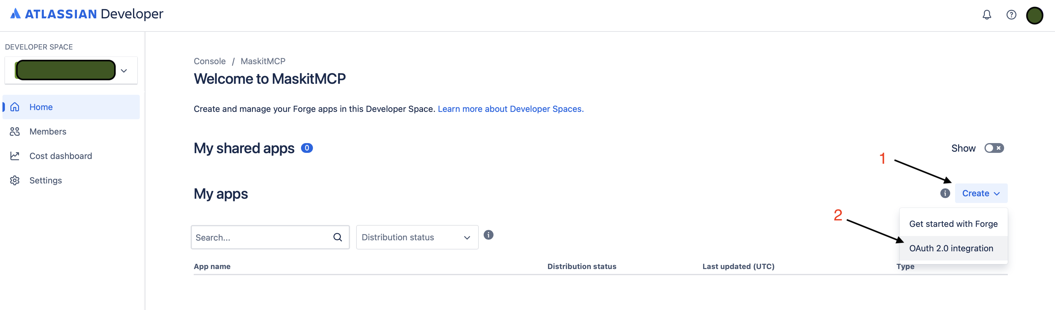 Atlassian developer console with the 'Create' menu open and 'OAuth 2.0 integration' highlighted.