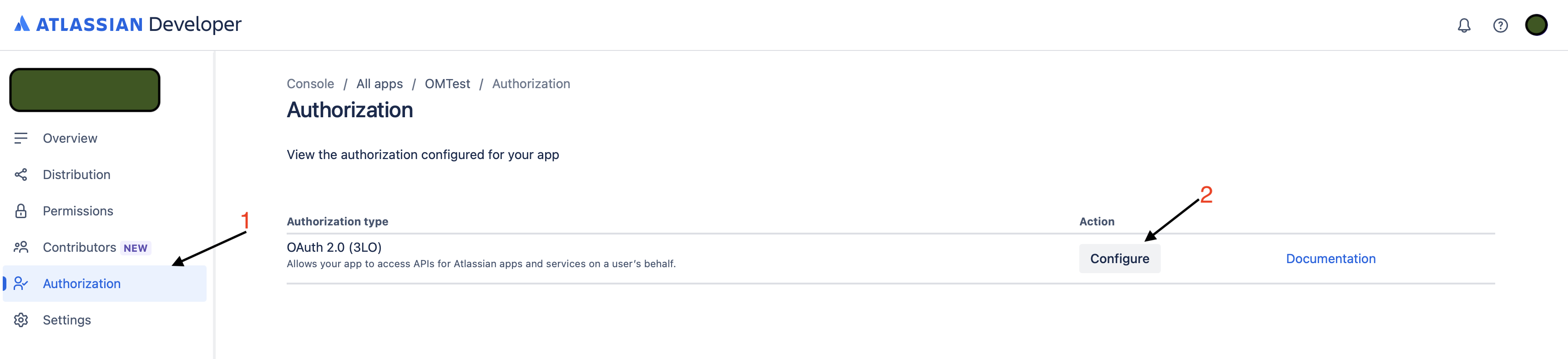 Atlassian developer console Authorization page with the OAuth 2.0 (3LO) row and its Configure button highlighted.