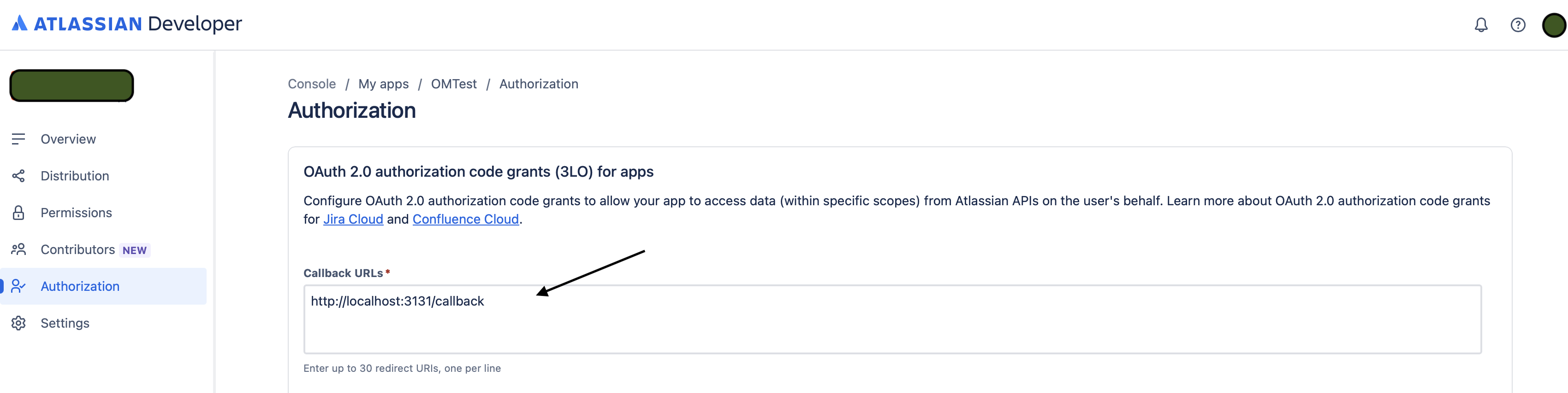 Atlassian Authorization configuration screen with the Callback URL field populated with the OpenMaskit callback URL.