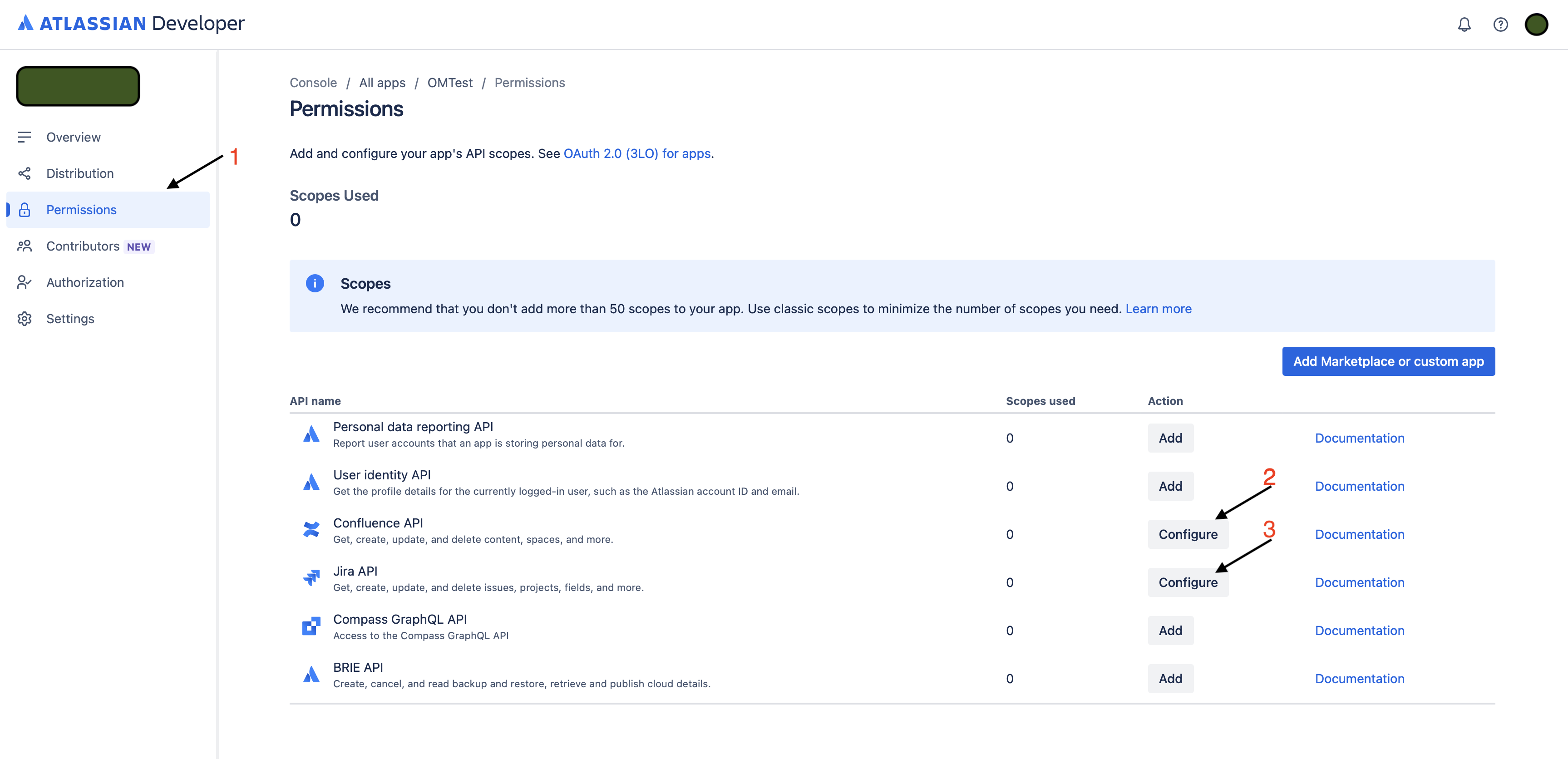 Atlassian developer console Permissions page with Jira API and Confluence API rows and their scope checkboxes.
