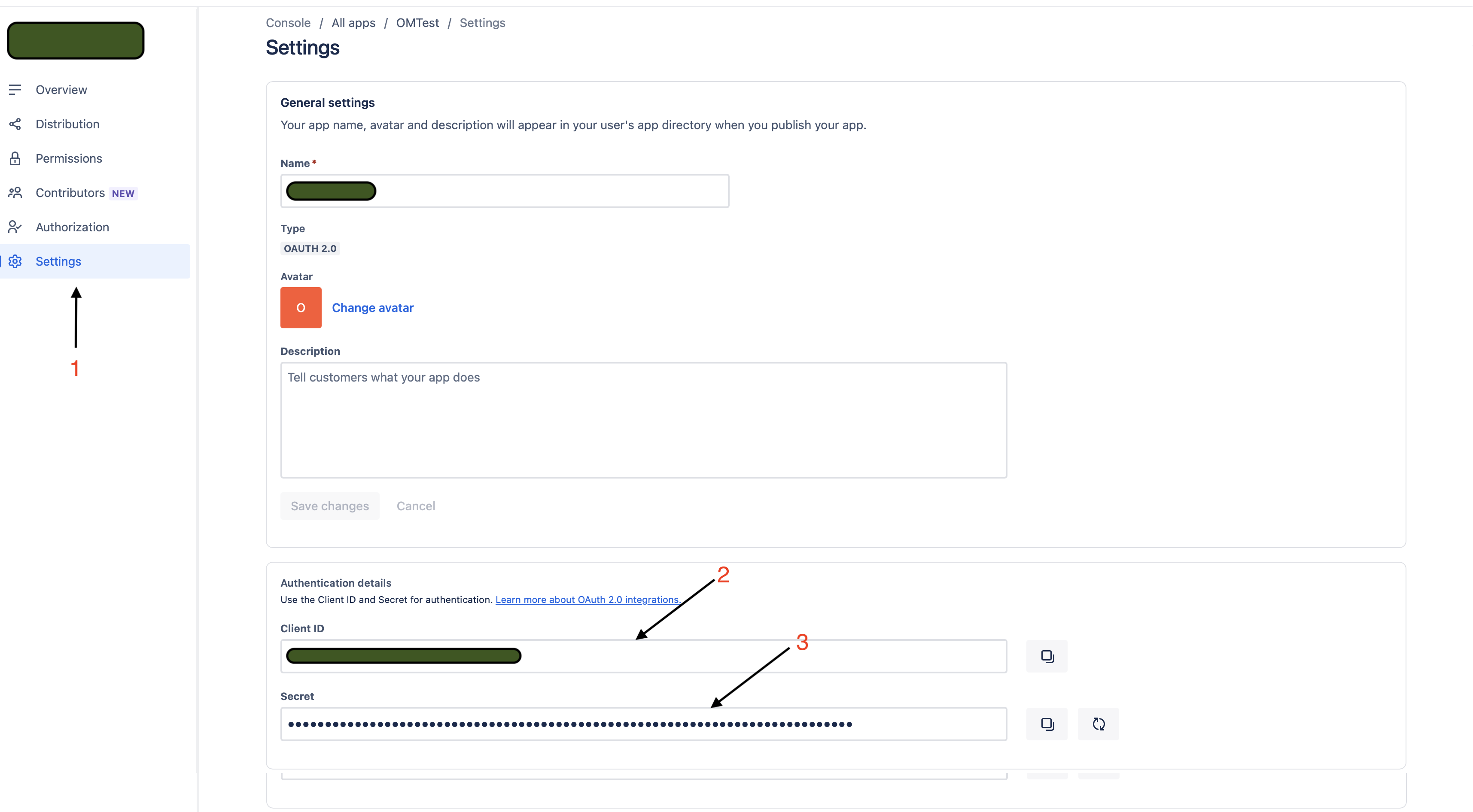 Atlassian developer console Settings page showing the Authentication details section with Client ID and Secret fields.