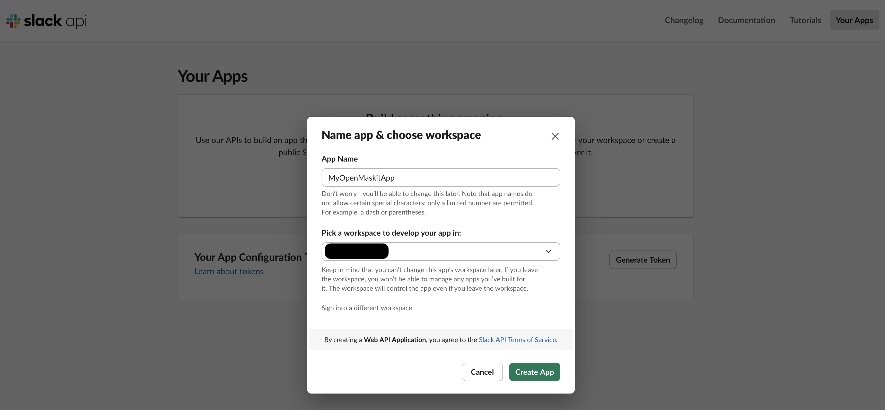 Slack 'Create an app' dialog showing the 'From scratch' option.