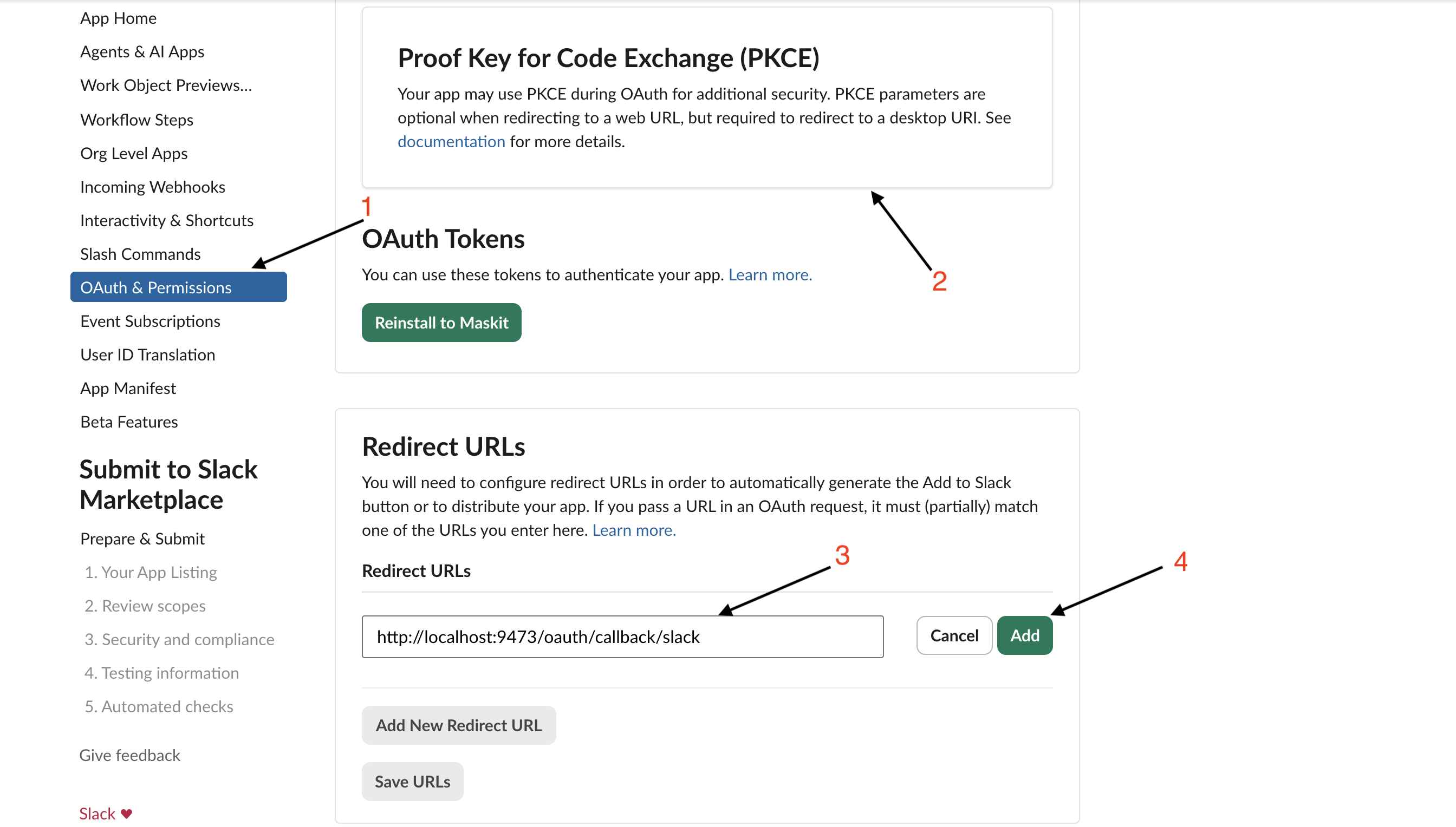 Slack 'OAuth & Permissions' page showing the Redirect URLs section with the OpenMaskit callback URL added.