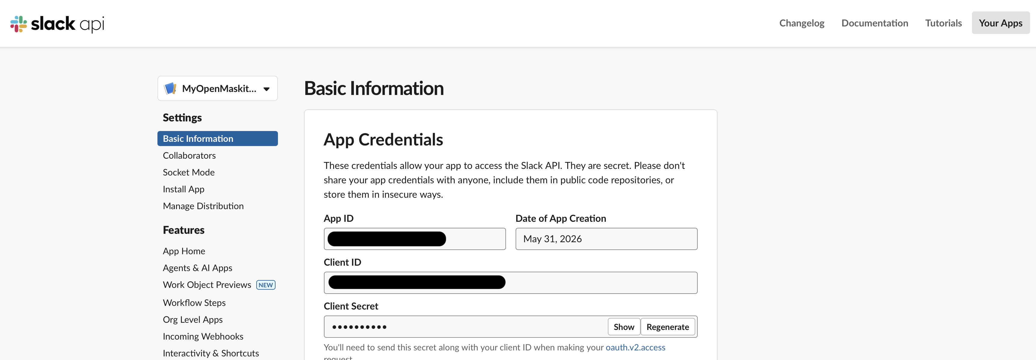 Slack 'Basic Information' page showing the App Credentials section with Client ID and Client Secret fields.